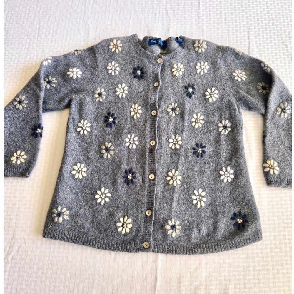 Karen Scott II Blue Floral Embroidered Pure Wool Cardigan Sweater Womens 2X